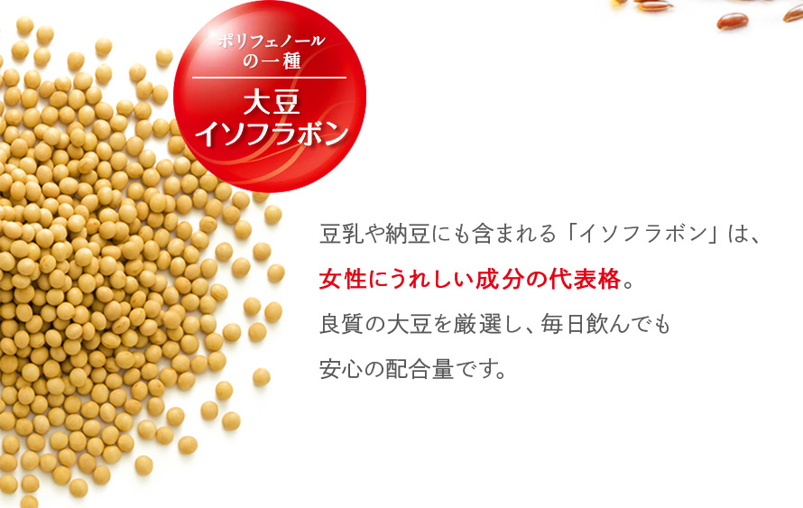 ポリフェノールの一種 大豆イソフラボン 豆乳や納豆にも含まれる「イソフラボン」は、女性にうれしい成分の代表格。良質の大豆を厳選し、毎日飲んでも安心の配合量です。